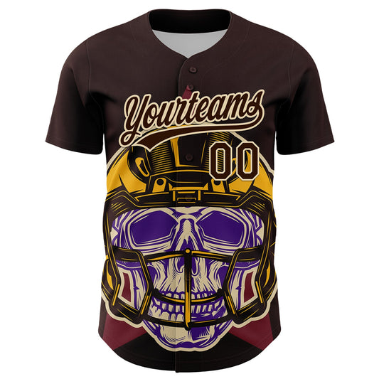 Custom Brown Cream 3D Pattern Design Football Skull Helmet Authentic Baseball Jersey - Sky-Custom