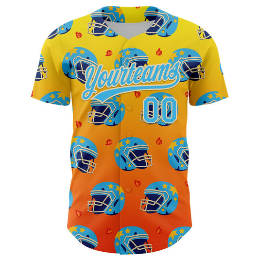 Custom Light Yellow Sky Blue Orange-Cream 3D Pattern Design Flame Football Helmet Authentic Baseball Jersey - Sky-Custom