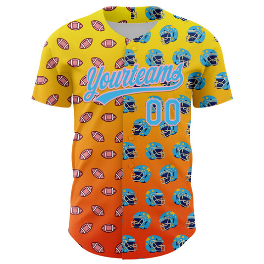 Custom Light Yellow Sky Blue Orange-Medium Pink 3D Pattern Design Football Helmet And Football Elements Authentic Baseball Jersey - Sky-Custom