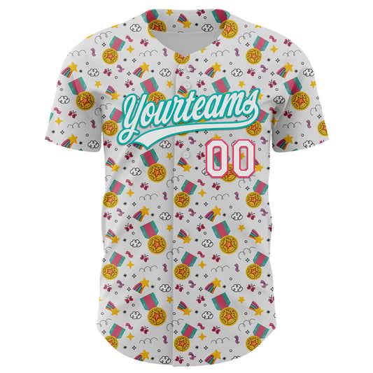 Custom White Neon Pink-Aqua 3D Pattern Design Champion Medal Authentic Baseball Jersey - Sky-Custom