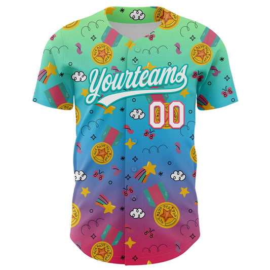 Custom Pea Green Neon Pink Aqua-Sky Blue 3D Pattern Design Champion Medal Authentic Baseball Jersey - Sky-Custom