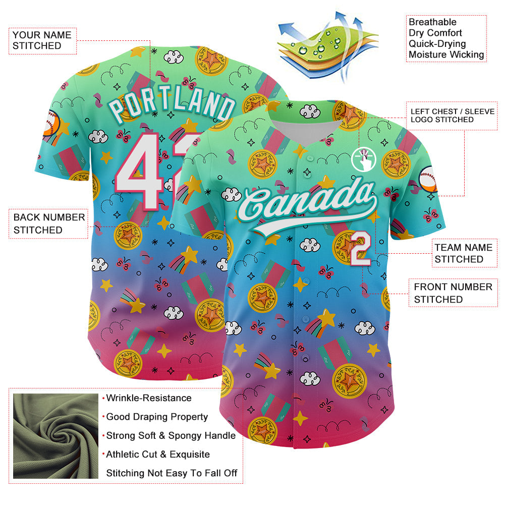 Custom Pea Green Neon Pink Aqua-Sky Blue 3D Pattern Design Champion Medal Authentic Baseball Jersey - Sky-Custom