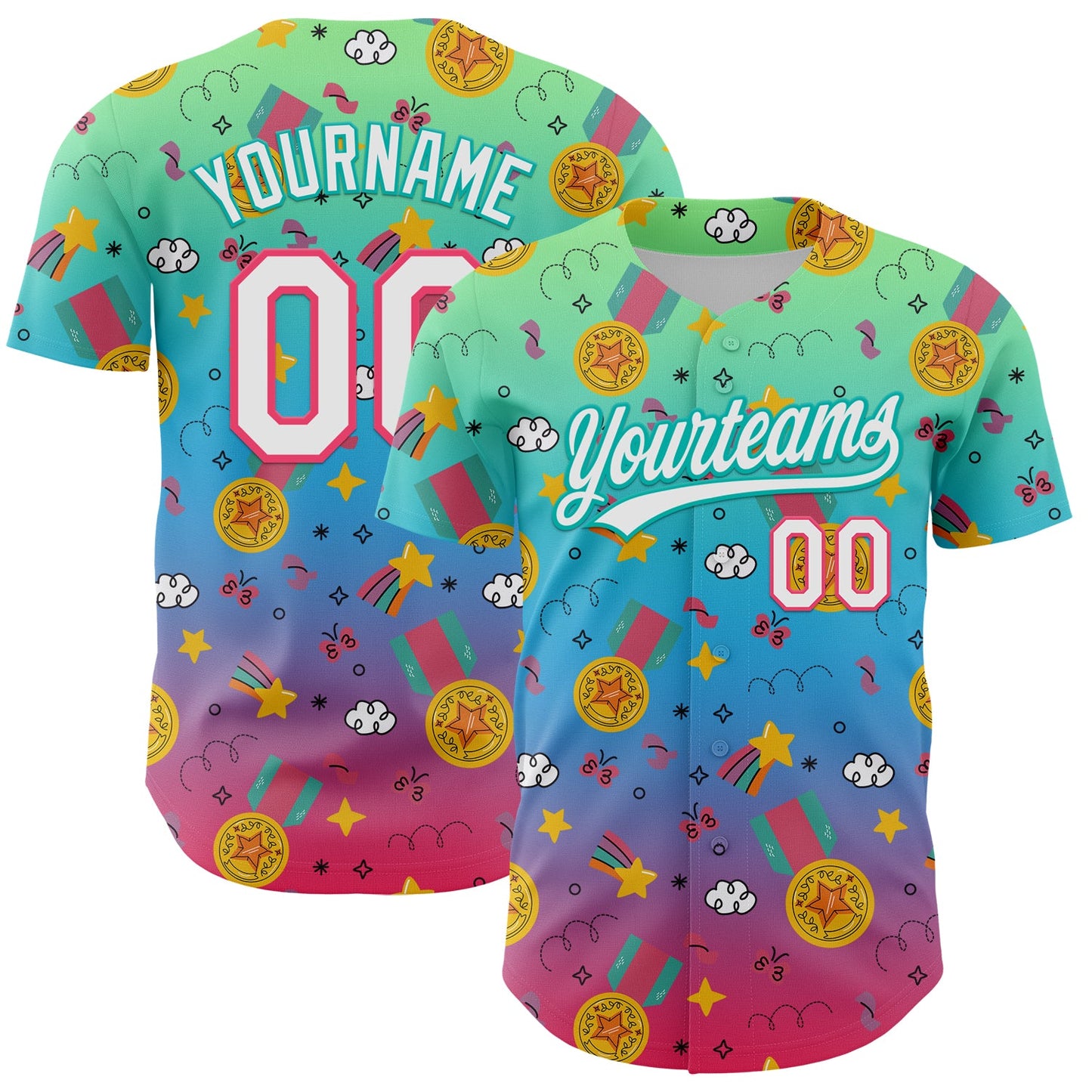 Custom Pea Green Neon Pink Aqua-Sky Blue 3D Pattern Design Champion Medal Authentic Baseball Jersey - Sky-Custom