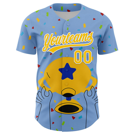 Custom Light Blue Yellow-White 3D Pattern Design Champion Trophy Authentic Baseball Jersey - Sky-Custom