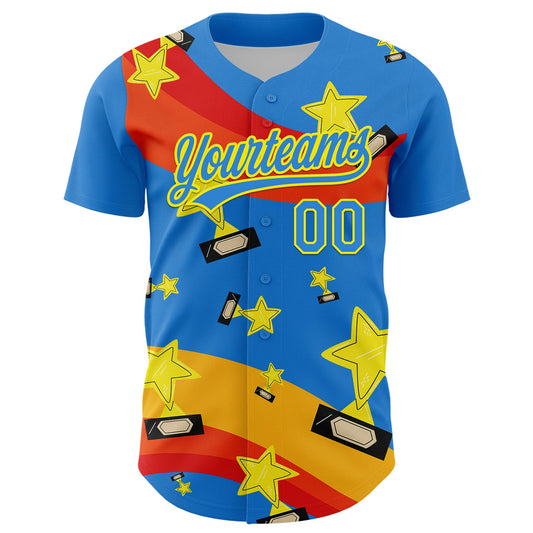 Custom Electric Blue Light Yellow 3D Pattern Design Champion Trophy Authentic Baseball Jersey - Sky-Custom