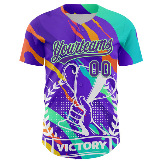 Custom Purple Pea Green 3D Pattern Design Champion Trophy Authentic Baseball Jersey - Sky-Custom