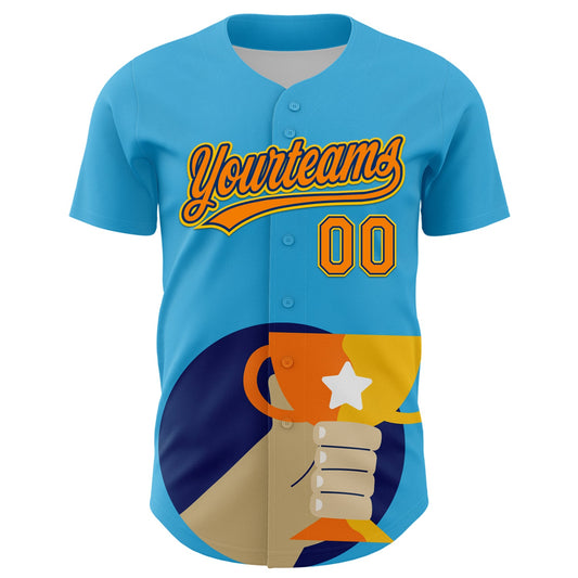 Custom Sky Blue Bay Orange US Navy Blue-Yellow 3D Pattern Design Champion Trophy Authentic Baseball Jersey - Sky-Custom