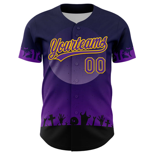 Custom Black Purple-Yellow 3D Pattern Halloween Skull Authentic Baseball Jersey - Sky-Custom