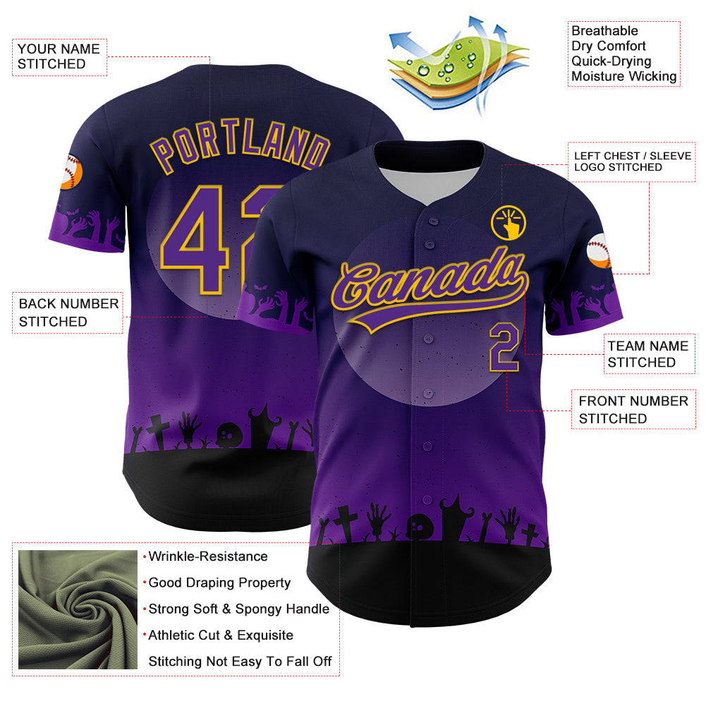 Custom Black Purple-Yellow 3D Pattern Halloween Skull Authentic Baseball Jersey - Sky-Custom
