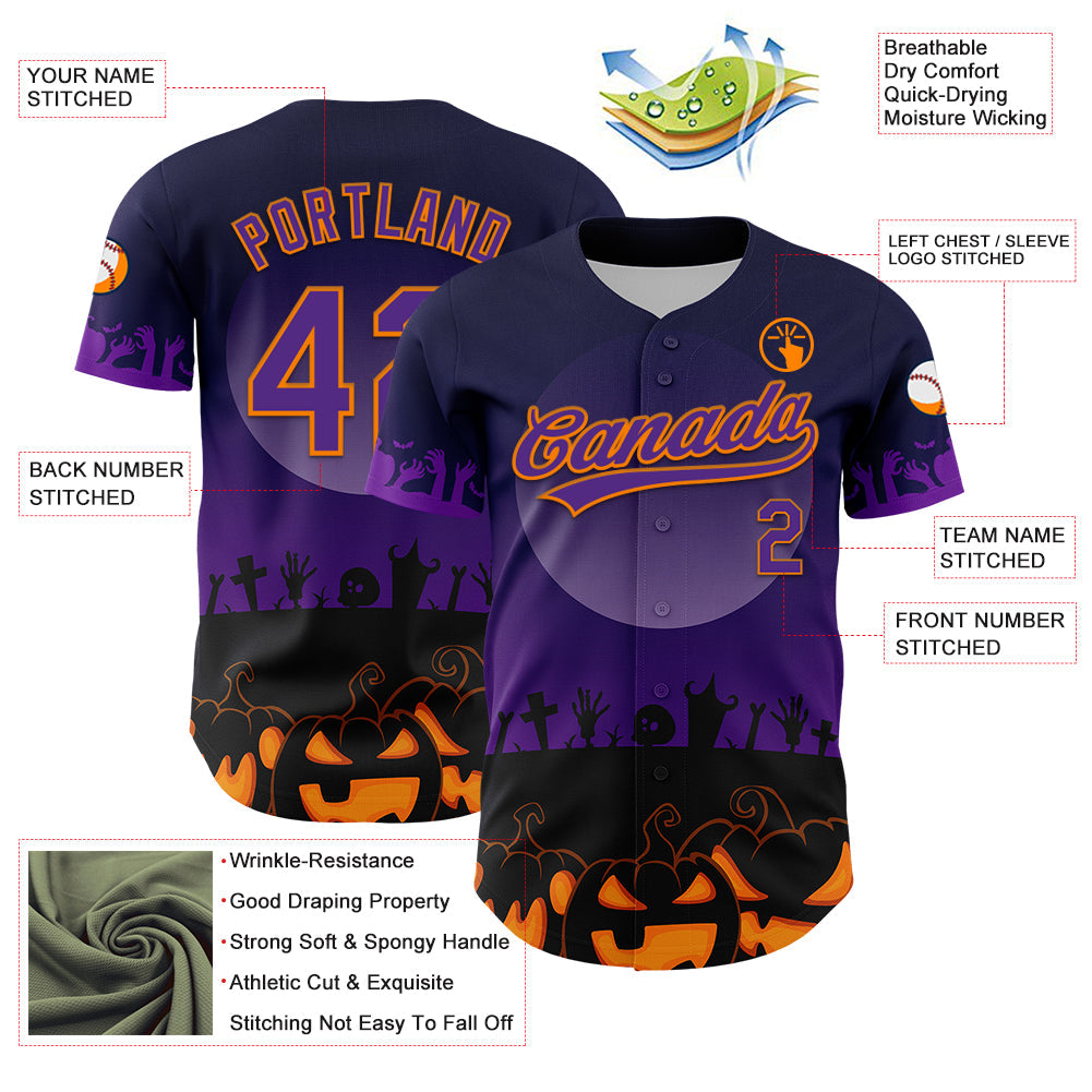 Custom Black Purple-Bay Orange 3D Pattern Halloween Skull Authentic Baseball Jersey - Sky-Custom