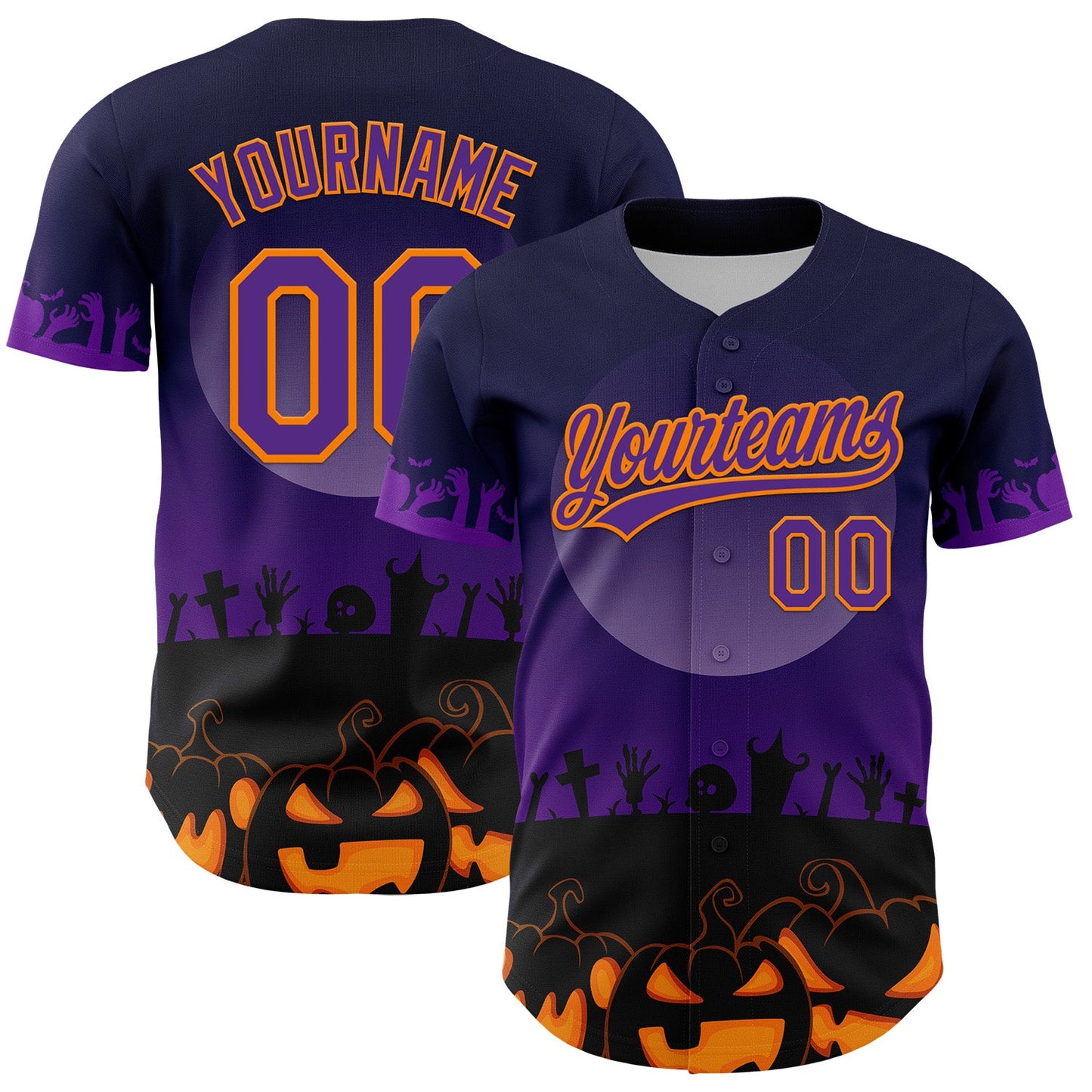 Custom Black Purple-Bay Orange 3D Pattern Halloween Skull Authentic Baseball Jersey - Sky-Custom