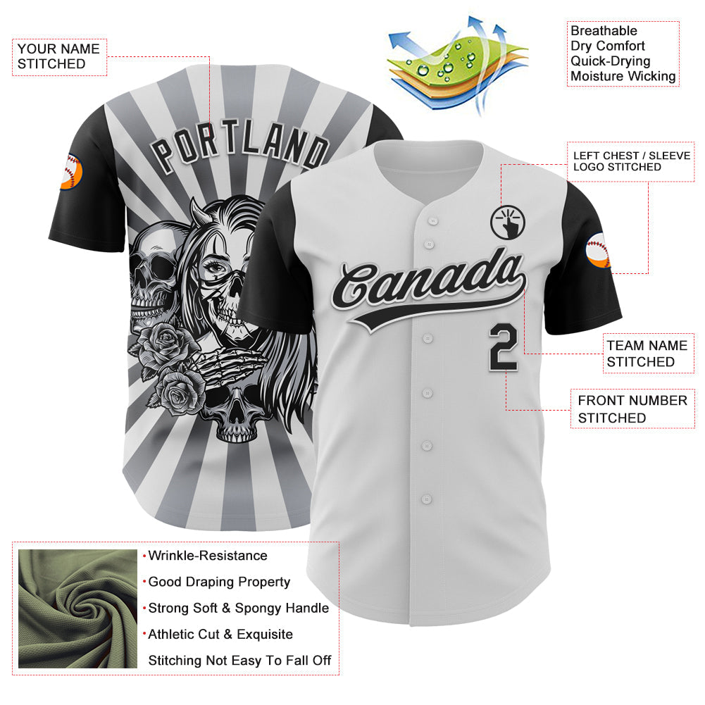 Custom White Black 3D Pattern Halloween Skull Authentic Baseball Jersey - Sky-Custom