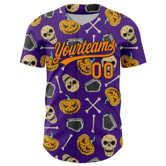 Custom Purple Bay Orange-Black 3D Pattern Halloween Skull Authentic Baseball Jersey - Sky-Custom