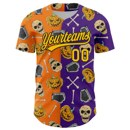 Custom Purple Yellow Bay Orange-Black 3D Pattern Halloween Skull Authentic Baseball Jersey - Sky-Custom