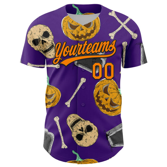 Custom Purple Bay Orange-Black 3D Pattern Halloween Skull Authentic Baseball Jersey - Sky-Custom
