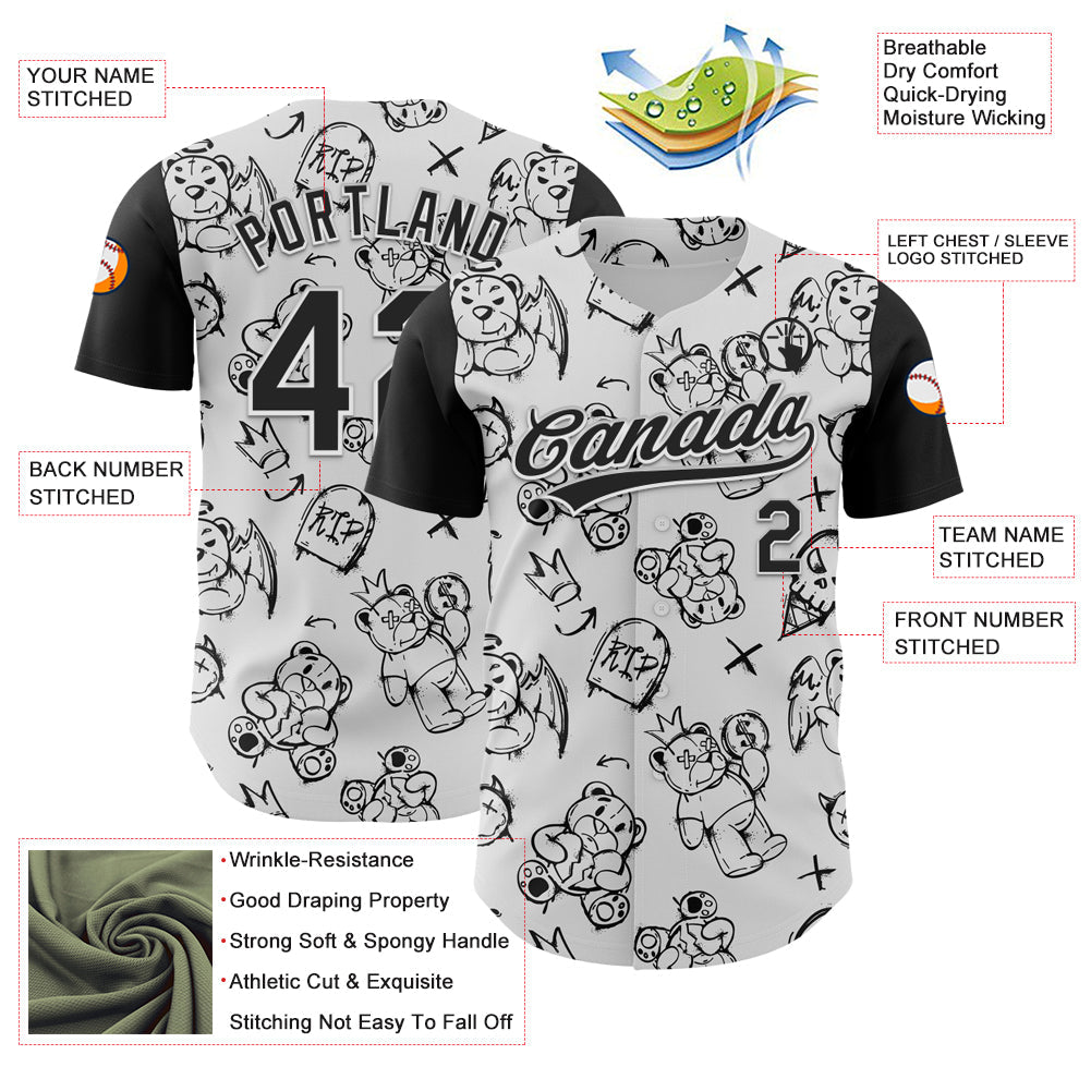 Custom White Black 3D Pattern Halloween Authentic Baseball Jersey - Sky-Custom
