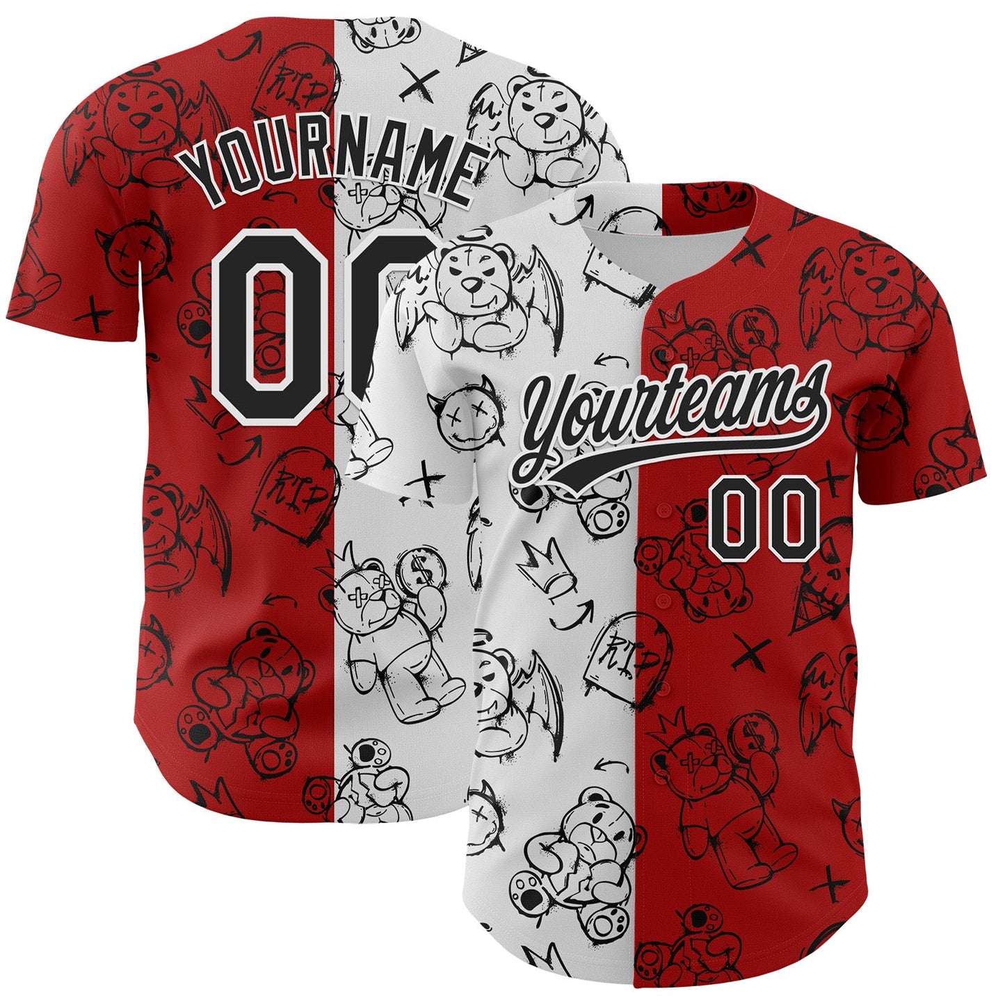 Custom Red Black-White 3D Pattern Halloween Authentic Baseball Jersey - Sky-Custom