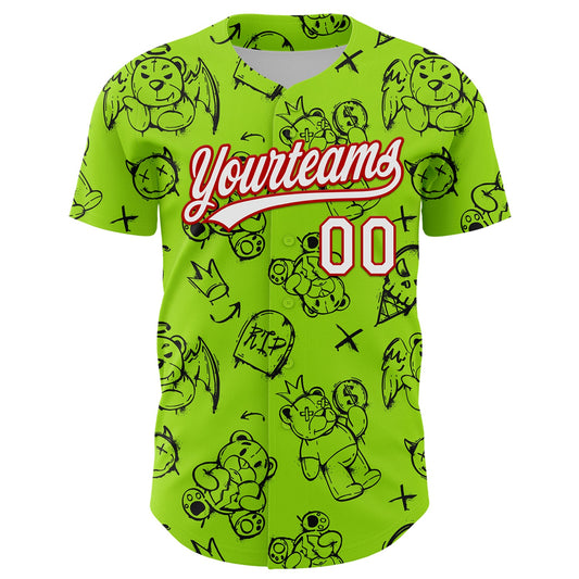 Custom Neon Green White-Red 3D Pattern Halloween Authentic Baseball Jersey - Sky-Custom