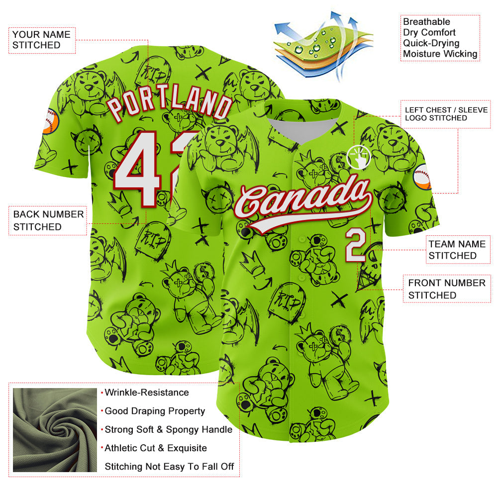 Custom Neon Green White-Red 3D Pattern Halloween Authentic Baseball Jersey - Sky-Custom