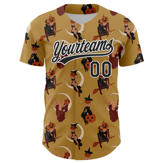 Custom Old Gold Black-White 3D Pattern Halloween Authentic Baseball Jersey - Sky-Custom