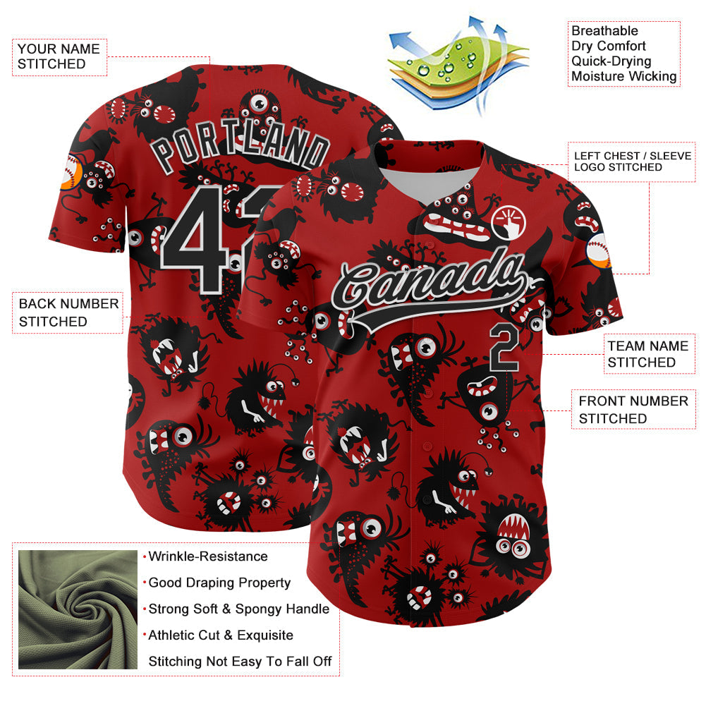 Custom Red Black-White 3D Pattern Halloween Authentic Baseball Jersey - Sky-Custom
