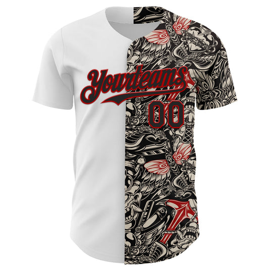 Custom White Black-Red 3D Pattern Design Vintage Tattoos Authentic Baseball Jersey - Sky-Custom