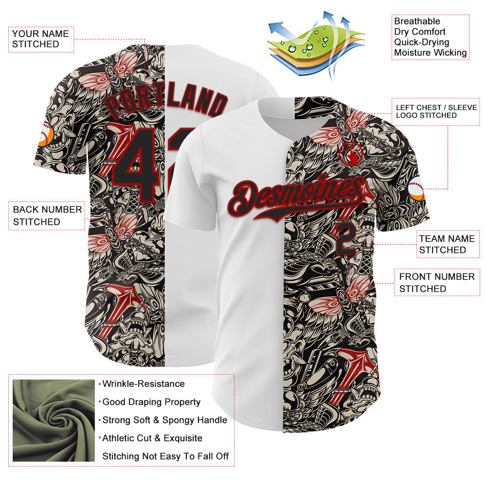 Custom White Black-Red 3D Pattern Design Vintage Tattoos Authentic Baseball Jersey - Sky-Custom