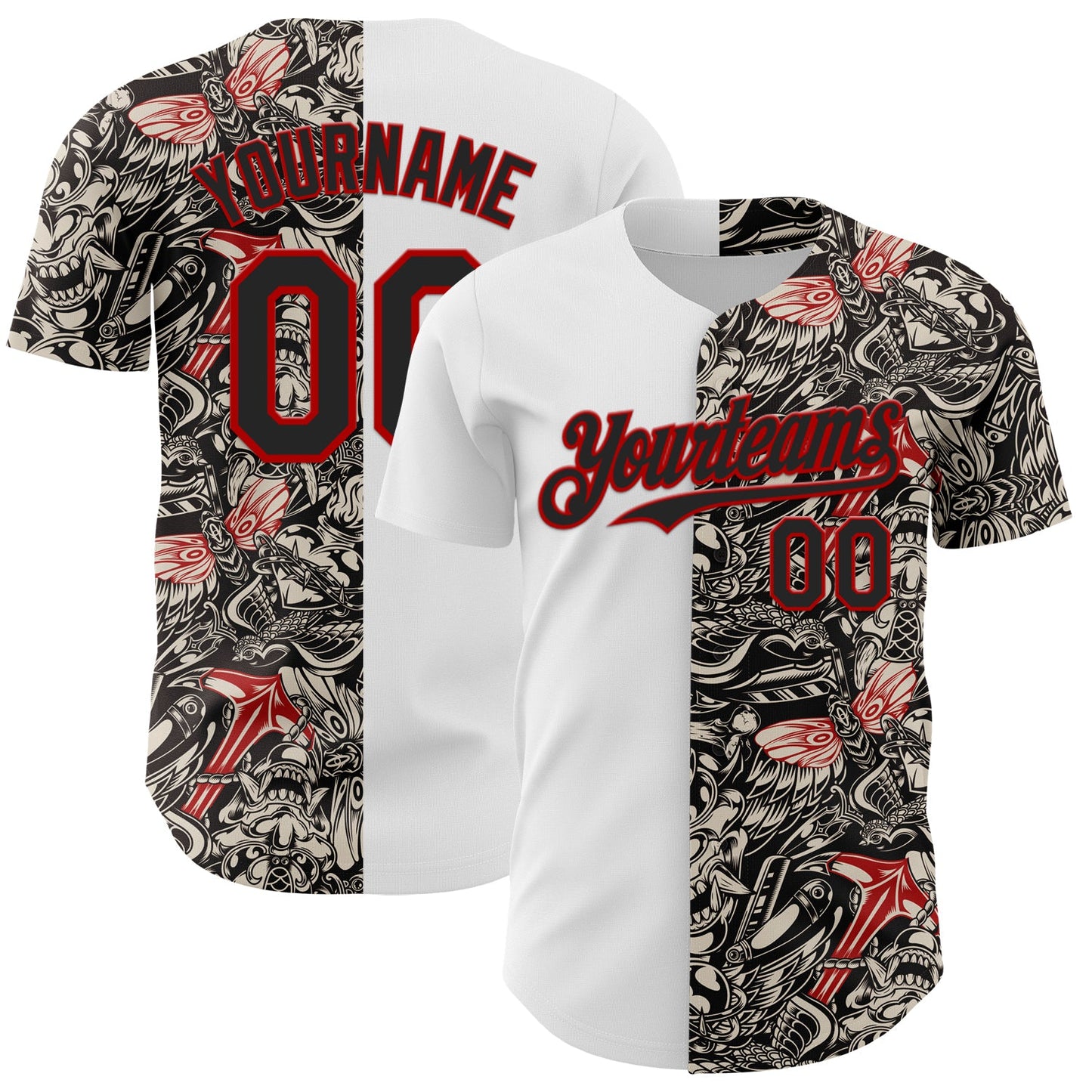 Custom White Black-Red 3D Pattern Design Vintage Tattoos Authentic Baseball Jersey - Sky-Custom