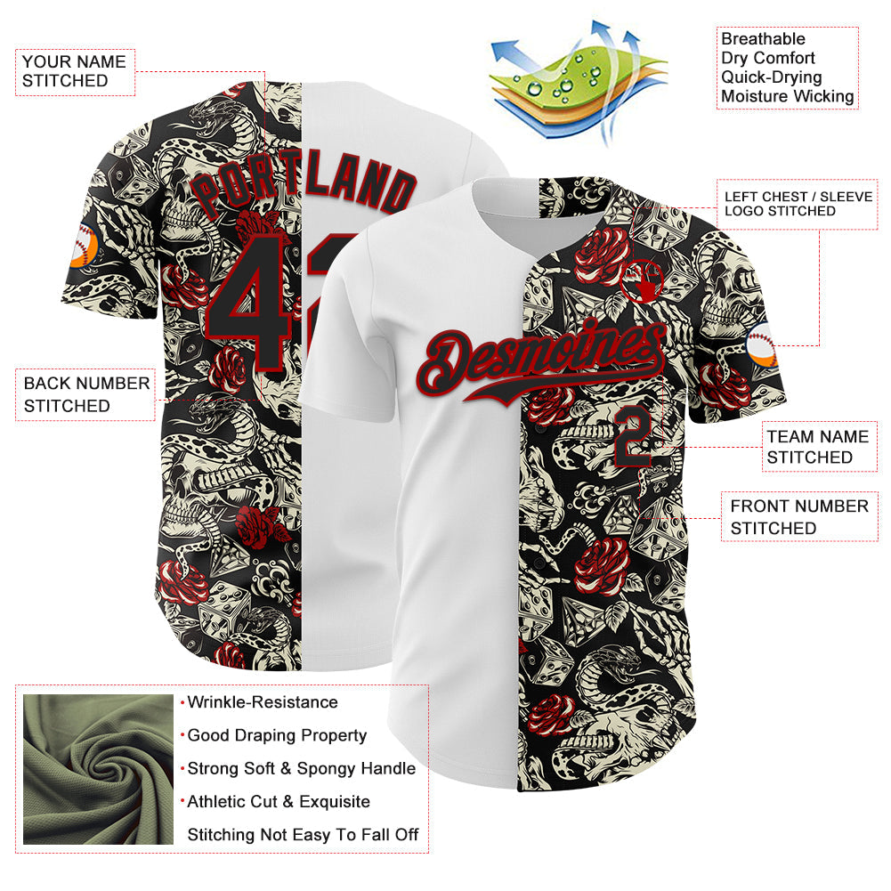 Custom White Black-Red 3D Pattern Design Vintage Tattoos Authentic Baseball Jersey - Sky-Custom