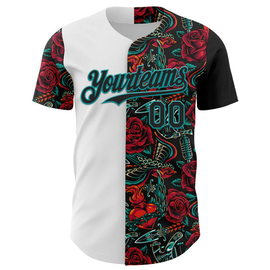 Custom White Black-Teal 3D Pattern Design Vintage Tattoos Authentic Baseball Jersey - Sky-Custom
