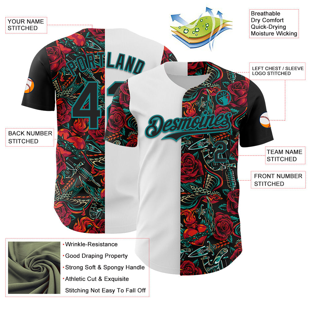 Custom White Black-Teal 3D Pattern Design Vintage Tattoos Authentic Baseball Jersey - Sky-Custom