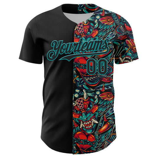 Custom Black Teal 3D Pattern Design Vintage Tattoos Authentic Baseball Jersey - Sky-Custom