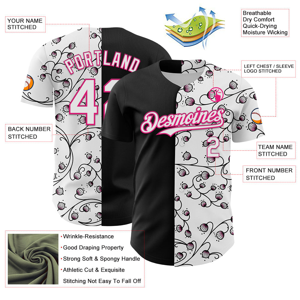 Custom Black White-Hot Pink 3D Pattern Design Vintage Tattoos Authentic Baseball Jersey - Sky-Custom