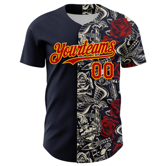 Custom Navy Red-Gold 3D Pattern Design Vintage Tattoos Authentic Baseball Jersey - Sky-Custom