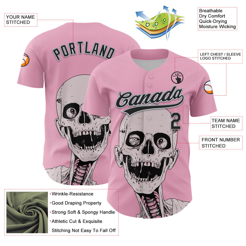 Custom Light Pink Black-Silver 3D Halloween Authentic Baseball Jersey - Sky-Custom
