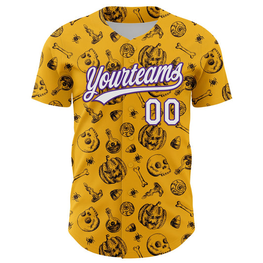 Custom Gold White-Purple 3D Halloween Authentic Baseball Jersey - Sky-Custom