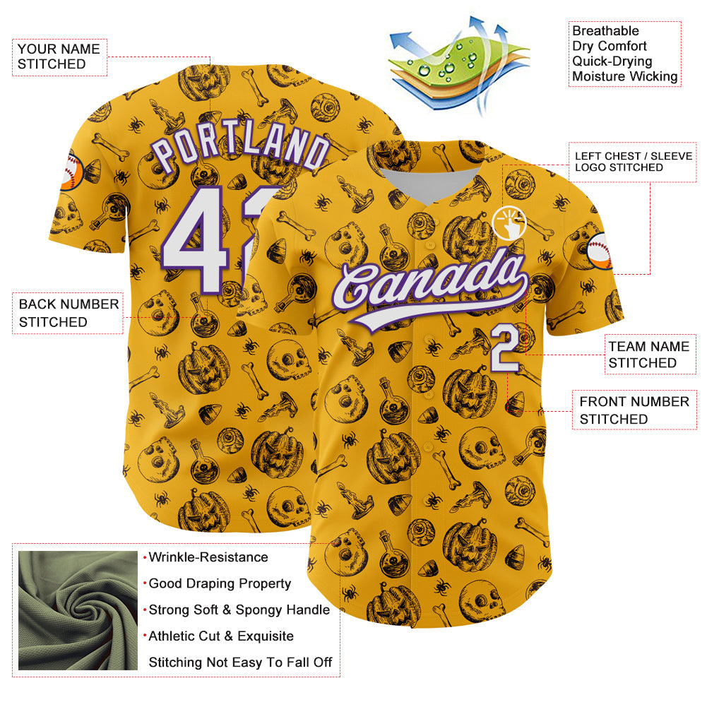 Custom Gold White-Purple 3D Halloween Authentic Baseball Jersey - Sky-Custom