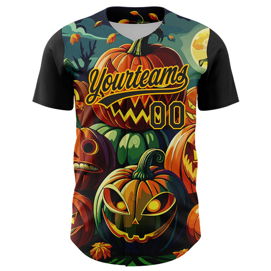 Custom Black Gold 3D Halloween Authentic Baseball Jersey - Sky-Custom