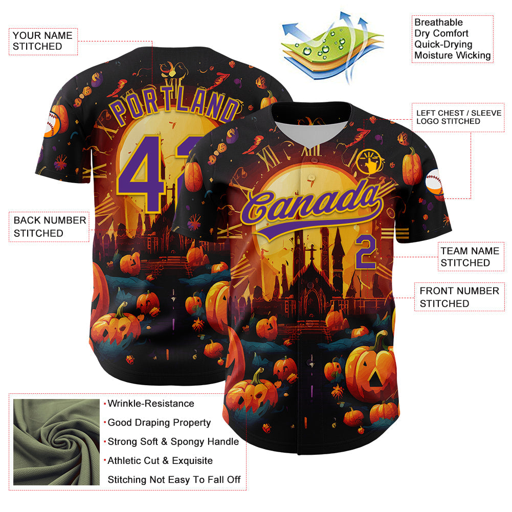 Custom Black Purple-Yellow 3D Halloween Authentic Baseball Jersey - Sky-Custom