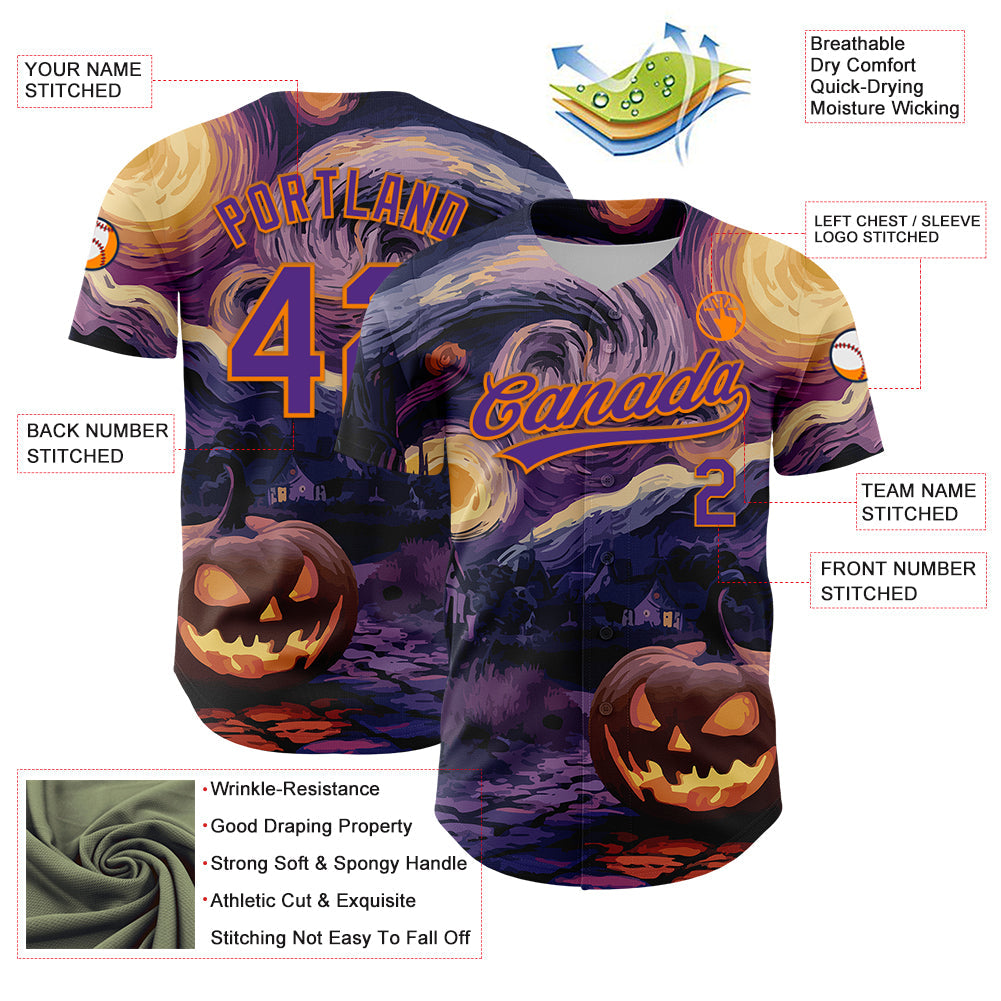 Custom Purple Bay Orange 3D Halloween Authentic Baseball Jersey - Sky-Custom