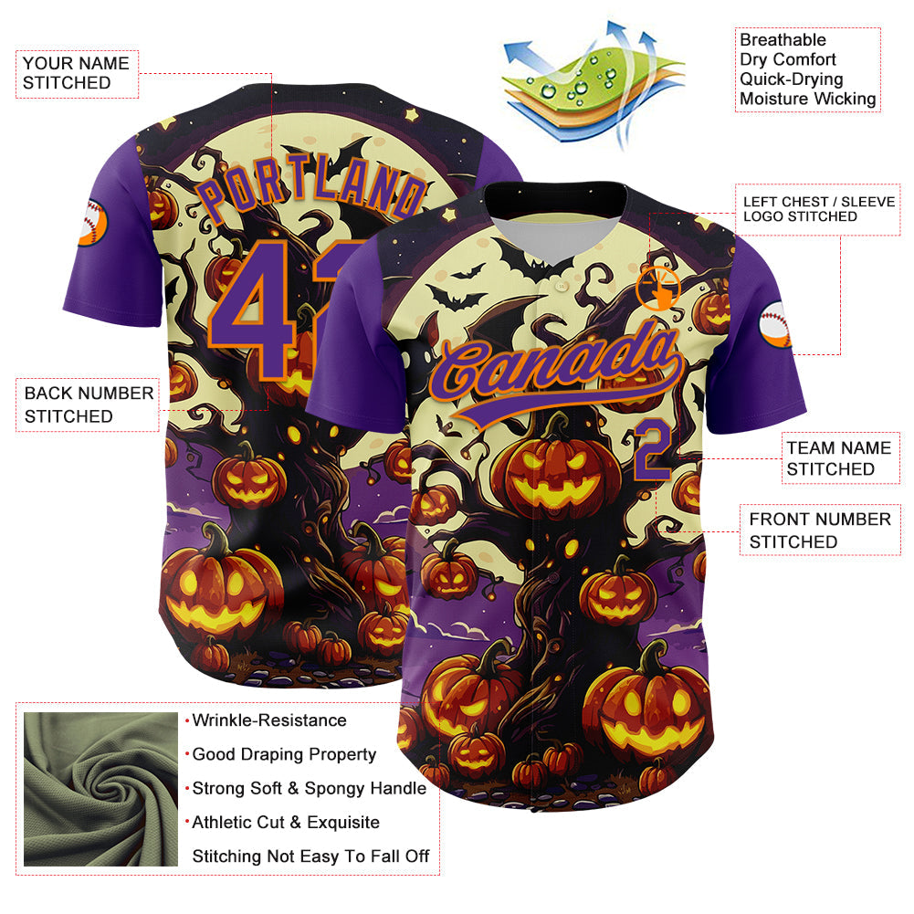 Custom Purple Bay Orange 3D Halloween Authentic Baseball Jersey - Sky-Custom