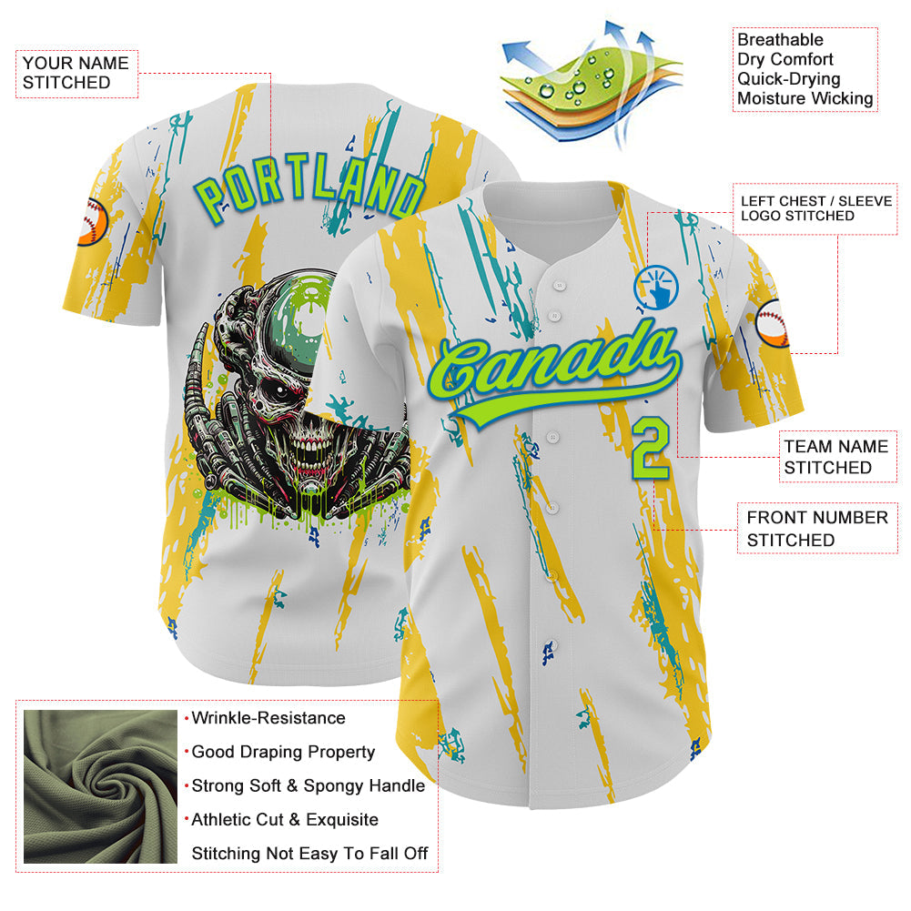 Custom White Neon Green-Blue 3D Halloween Authentic Baseball Jersey - Sky-Custom