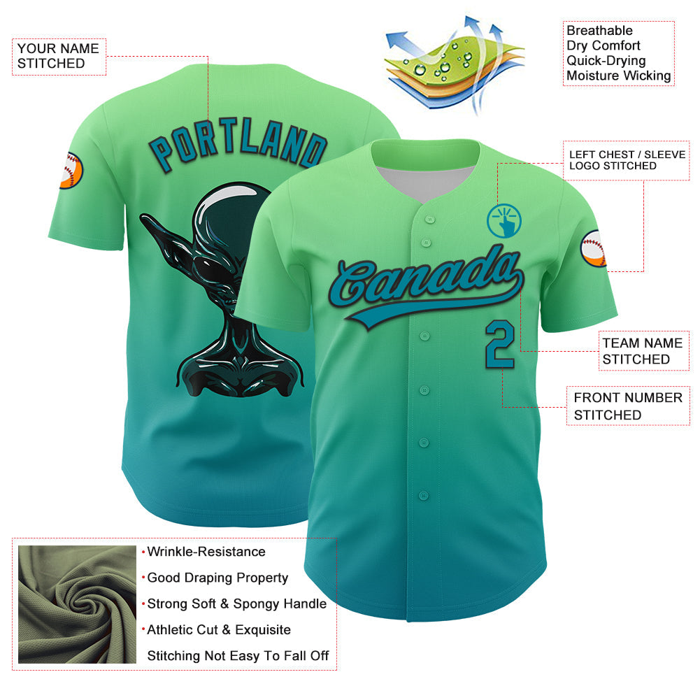 Custom Pea Green Teal-Black 3D Halloween Authentic Baseball Jersey - Sky-Custom