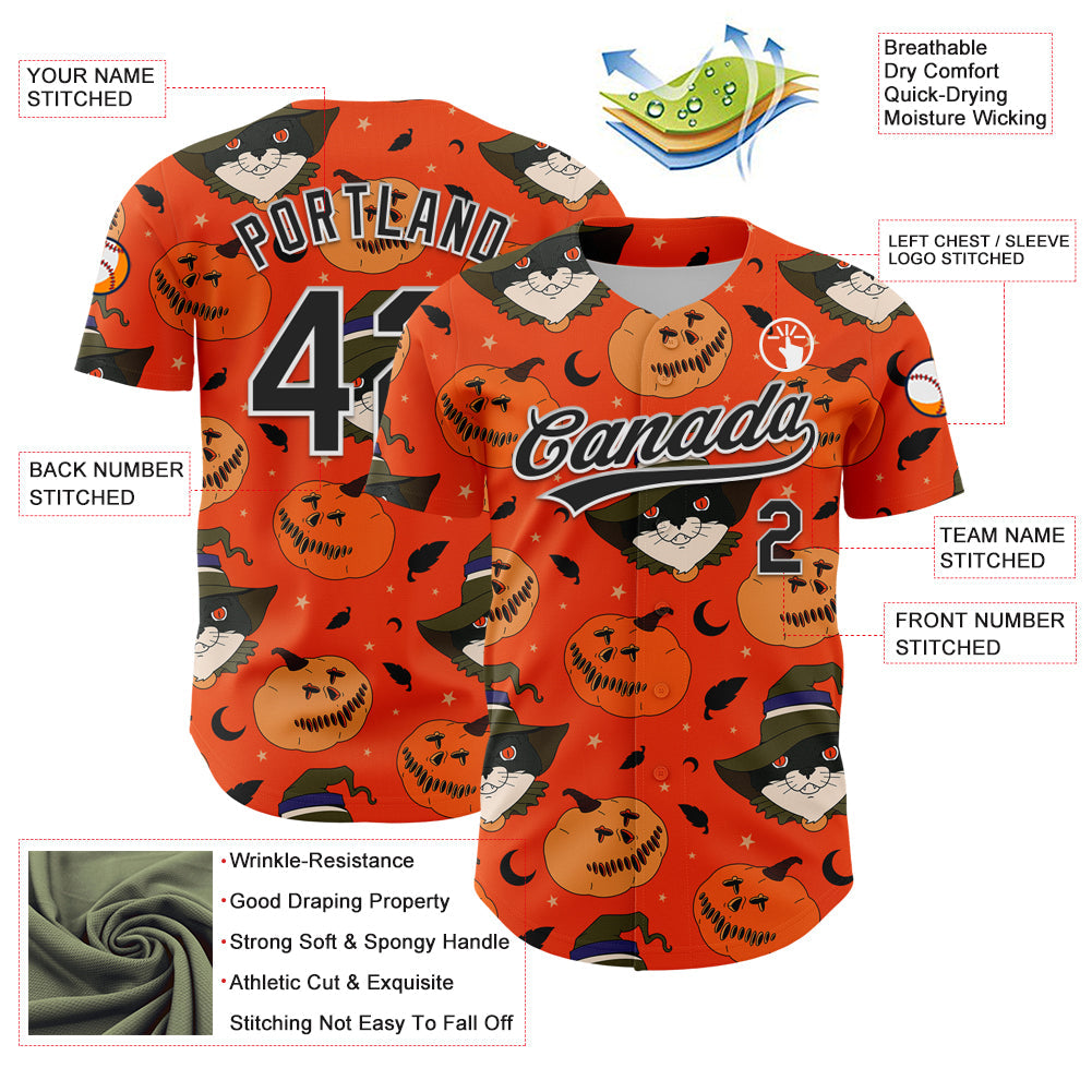 Custom Orange Black-White 3D Halloween Authentic Baseball Jersey - Sky-Custom