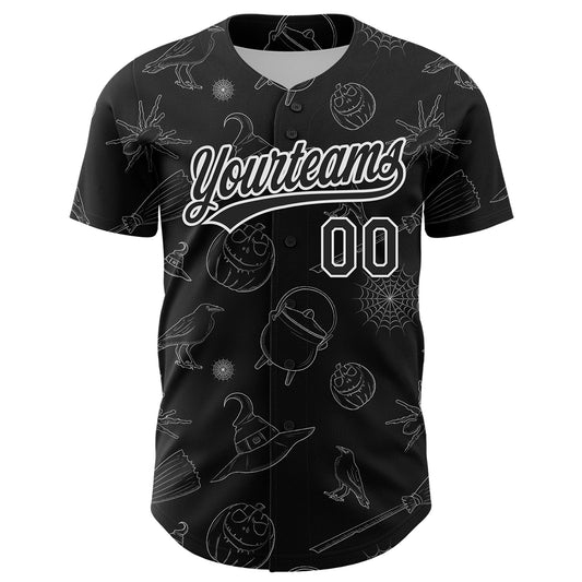 Custom Black White 3D Halloween Authentic Baseball Jersey - Sky-Custom