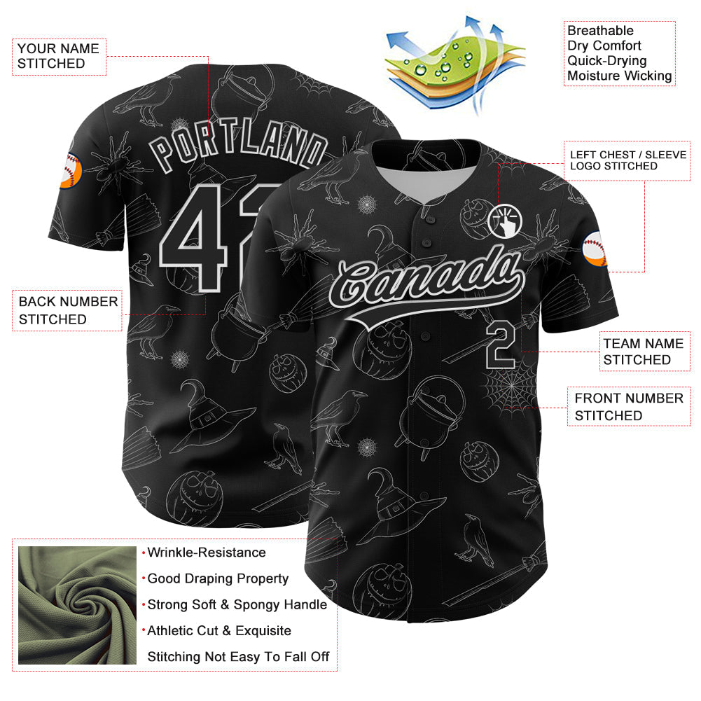 Custom Black White 3D Halloween Authentic Baseball Jersey - Sky-Custom