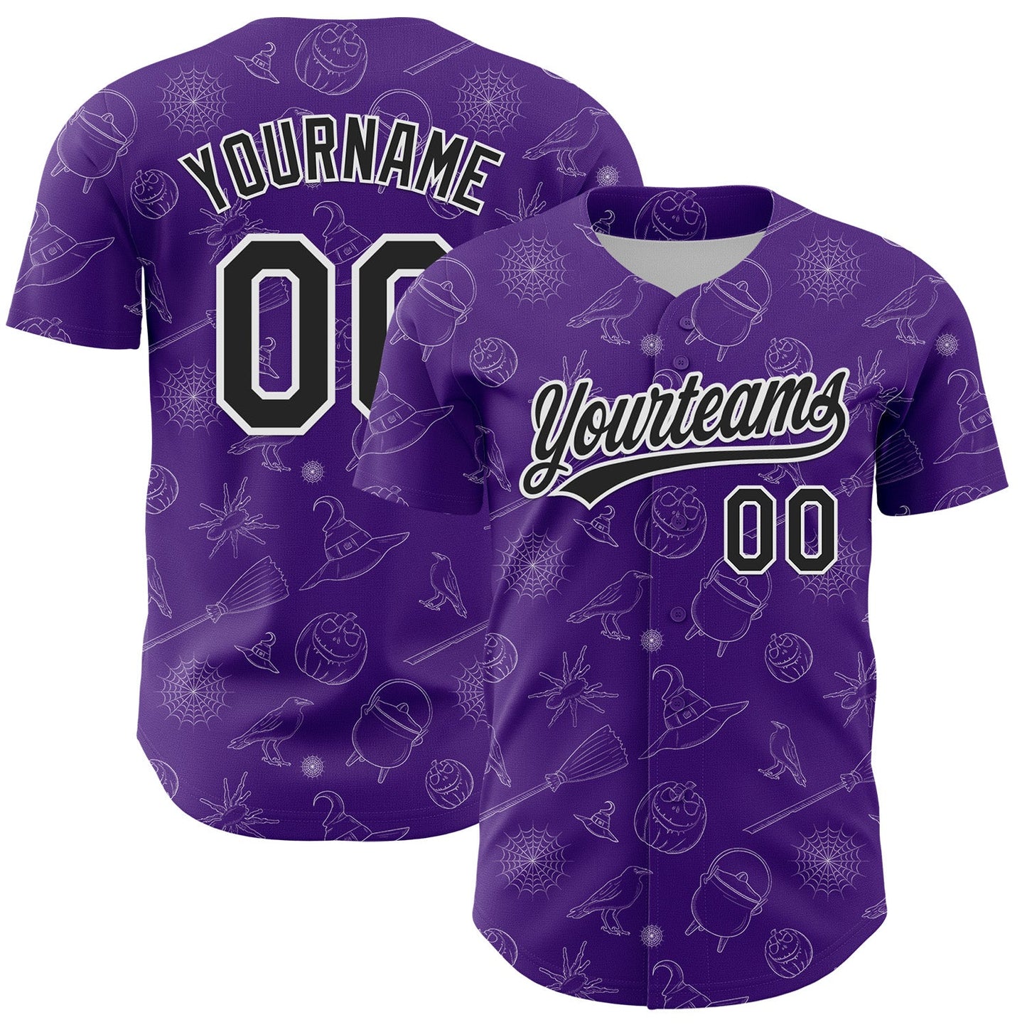 Custom Purple Black-White 3D Halloween Authentic Baseball Jersey - Sky-Custom