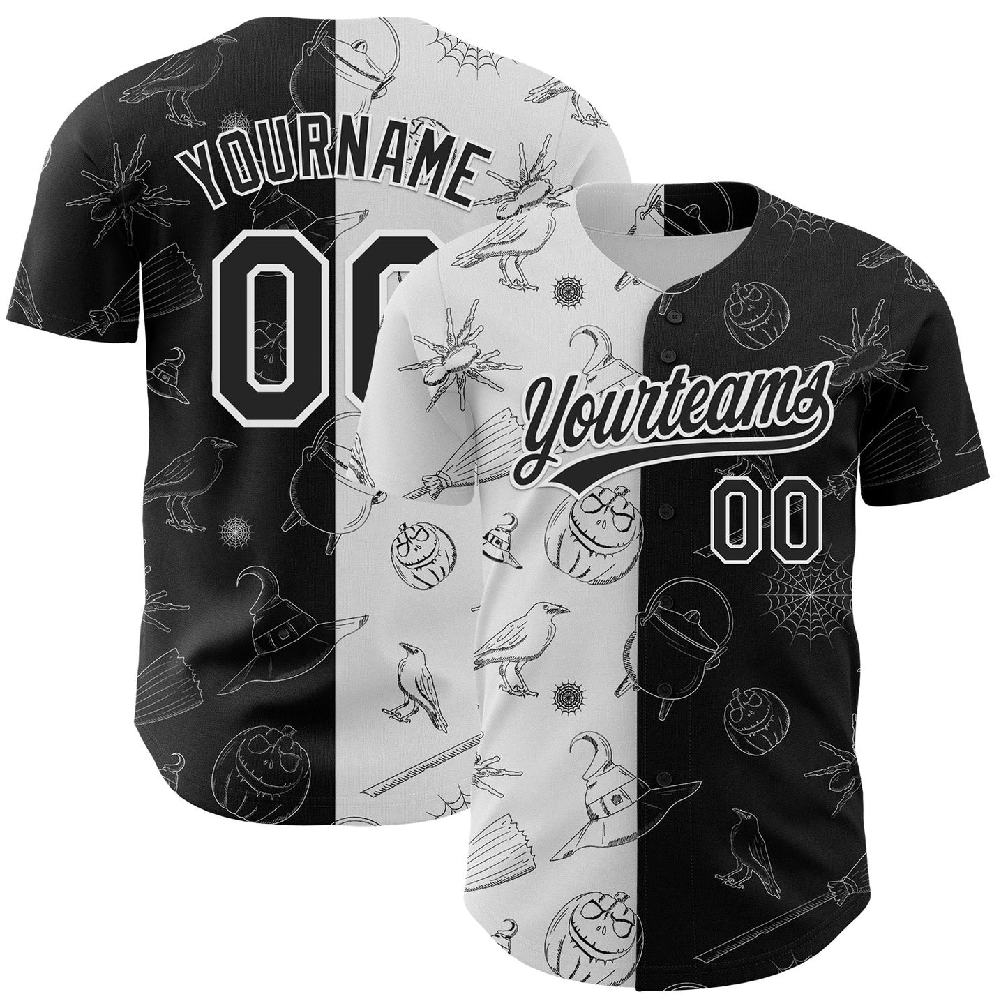 Custom Black White 3D Halloween Authentic Baseball Jersey - Sky-Custom