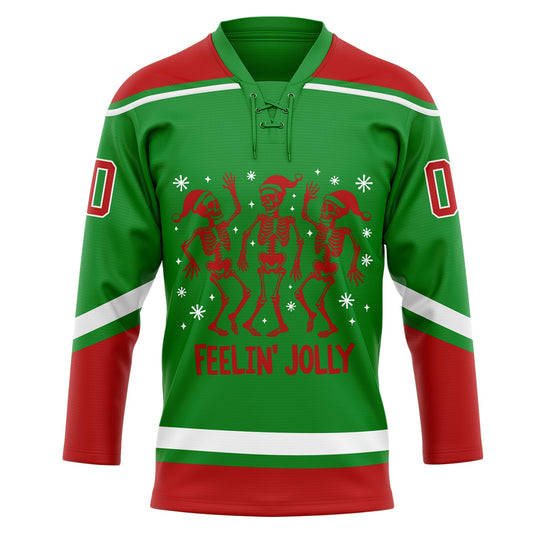 Custom Grass Green Red-White Funny Christmas 3D Hockey Lace Neck Jersey - Sky-Custom