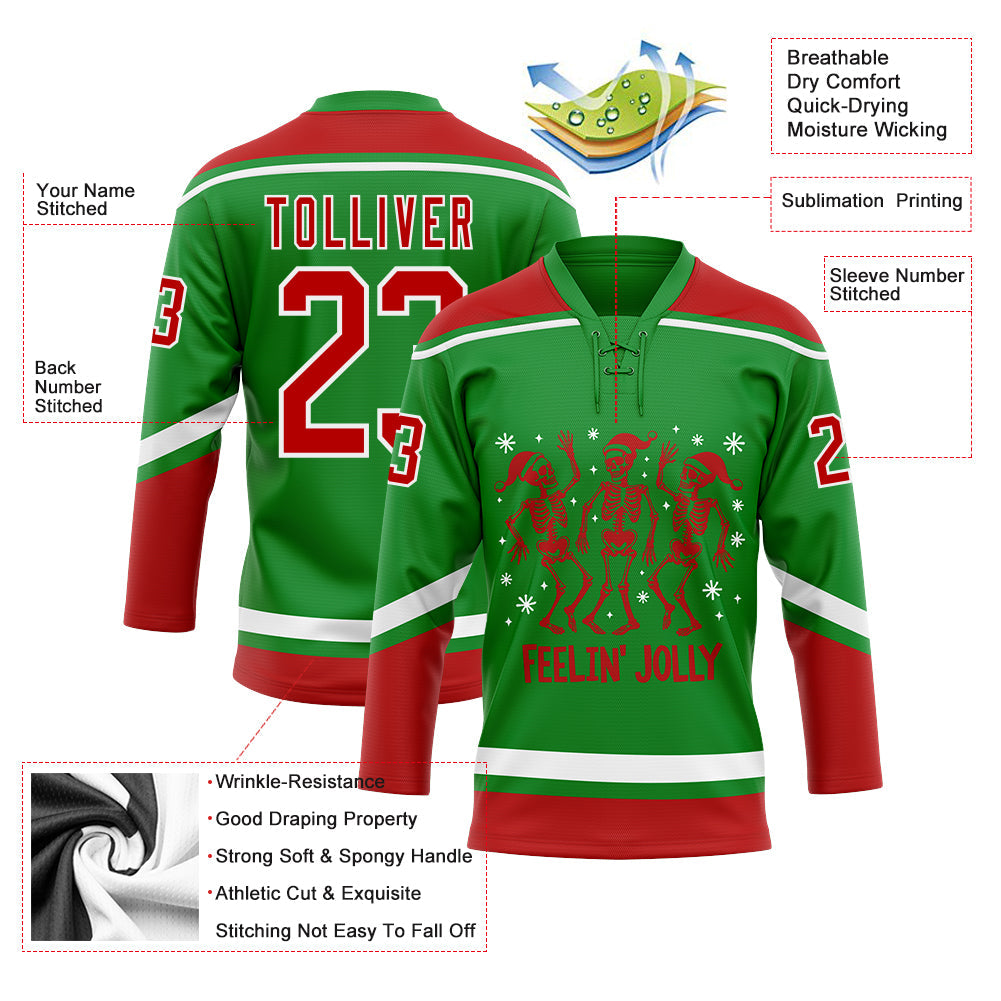 Custom Grass Green Red-White Funny Christmas 3D Hockey Lace Neck Jersey - Sky-Custom